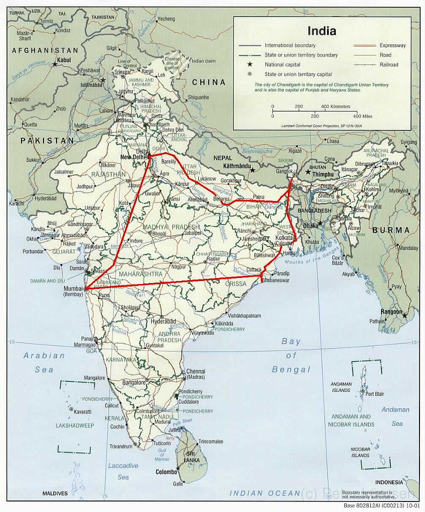 indienkarte.jpg - ReiserouteDelhi - Varanasi - Darjeeling - Kolkata - Puri - Mumbai - Aurangabad - Ajanta - Elora - Delhi